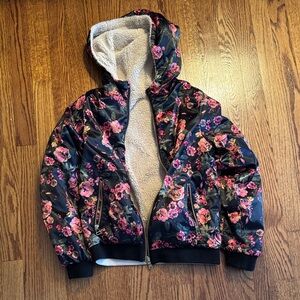 Jessica Simpson Black Floral Puffer Jacket with Sherpa Lining